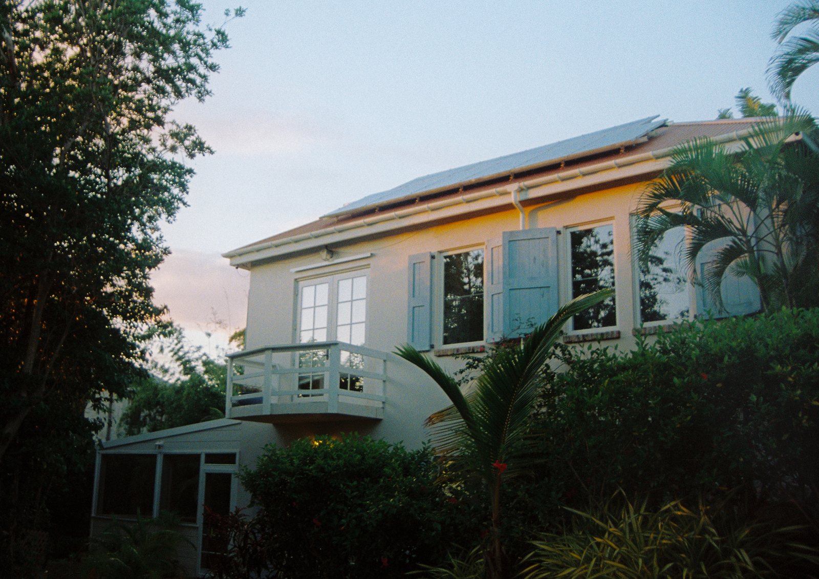 A pale yellow house with blue shutters among palms